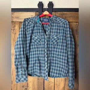 Women’s western Blue Plaid Button-Down Shirt by Rough Stock
